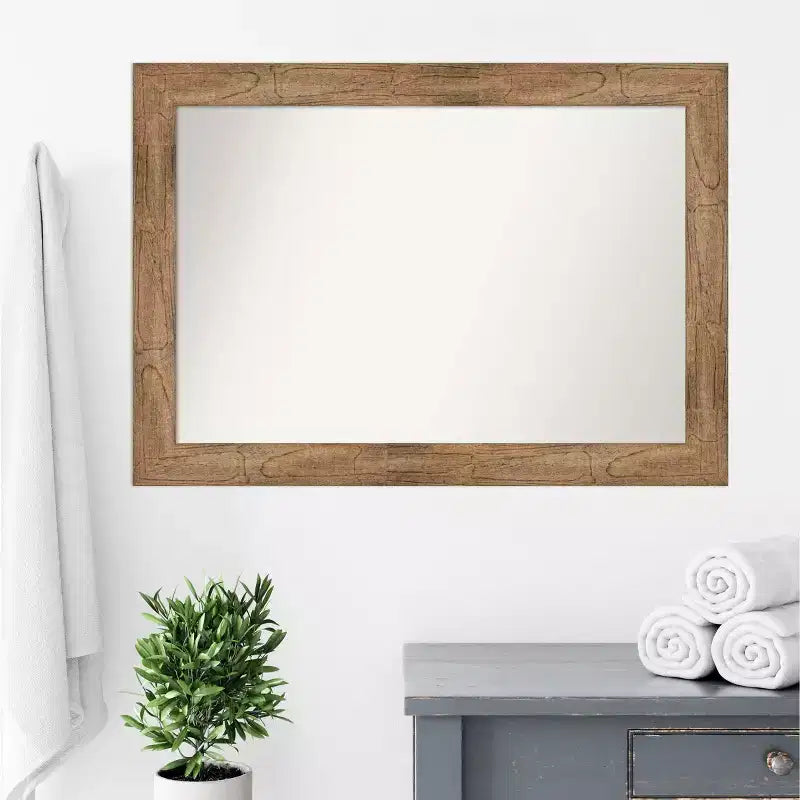 Miroir mural de salle de bain en bois de hibou non biseauté de 42 po x 30 po, marron - : Rectangle moderne, à fixer au mur