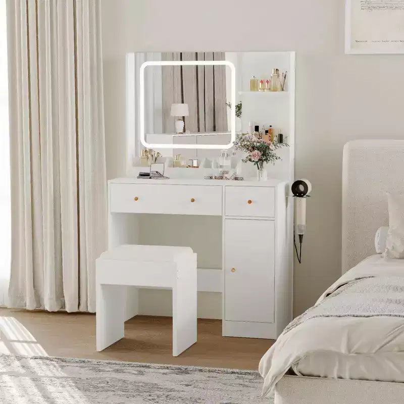 Coiffeuse avec miroir et lumières, prise de courant, ensemble de coiffeuse de maquillage avec tabouret, 3 modes d'éclairage, luminosité réglable, table de maquillage