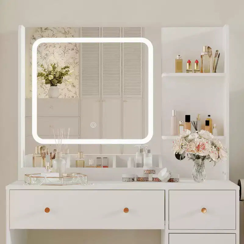 Coiffeuse avec miroir et lumières, prise de courant, ensemble de coiffeuse de maquillage avec tabouret, 3 modes d'éclairage, luminosité réglable, table de maquillage