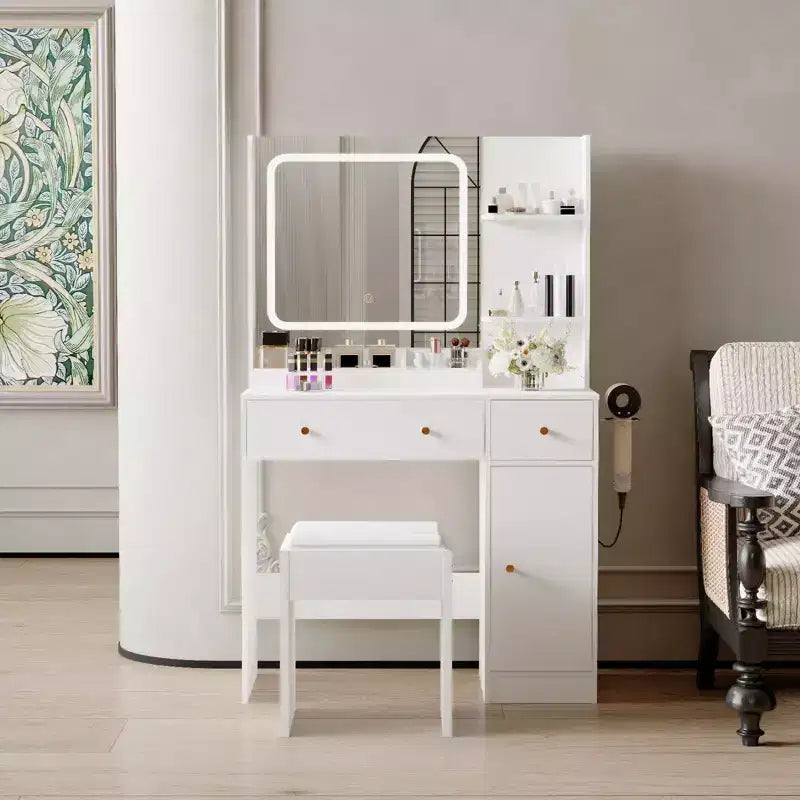 Coiffeuse avec miroir et lumières, prise de courant, ensemble de coiffeuse de maquillage avec tabouret, 3 modes d'éclairage, luminosité réglable, table de maquillage
