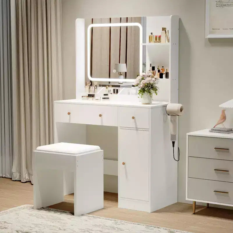 Coiffeuse avec miroir et lumières, prise de courant, ensemble de coiffeuse de maquillage avec tabouret, 3 modes d'éclairage, luminosité réglable, table de maquillage
