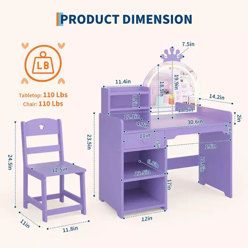 Table et Chaise de Coiffeuse pour Enfants avec Miroir et Lumières, Tiroir et Étagères Ouvertes, Coiffeuse en Bois pour Petites Filles