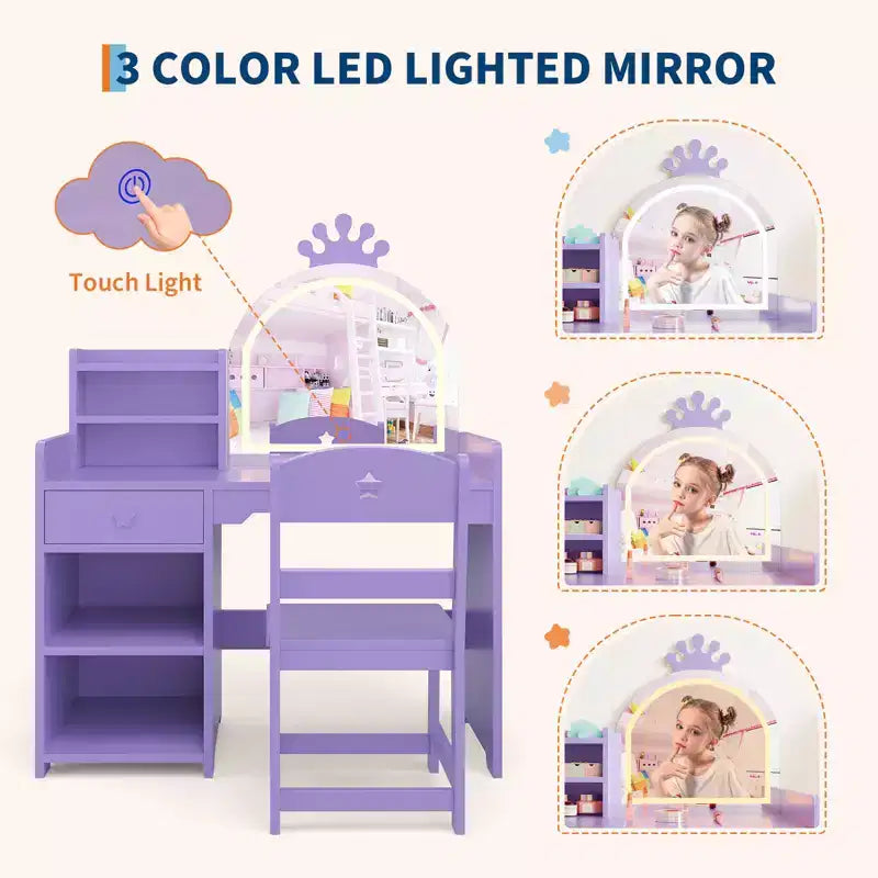 Table et Chaise de Coiffeuse pour Enfants avec Miroir et Lumières, Tiroir et Étagères Ouvertes, Coiffeuse en Bois pour Petites Filles