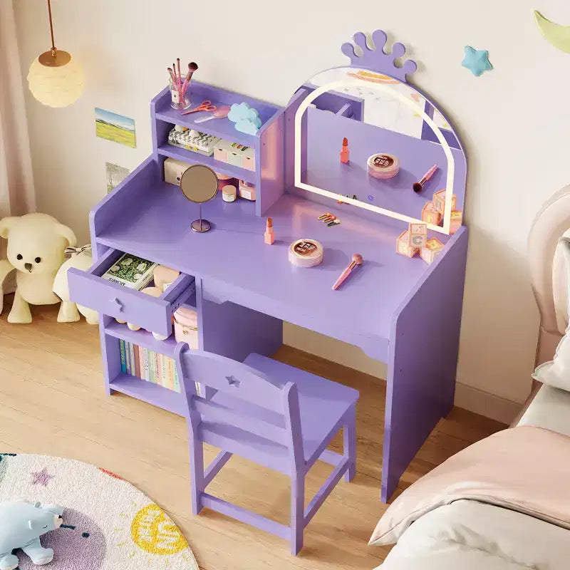Table et Chaise de Coiffeuse pour Enfants avec Miroir et Lumières, Tiroir et Étagères Ouvertes, Coiffeuse en Bois pour Petites Filles