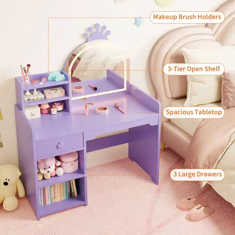 Table et Chaise de Coiffeuse pour Enfants avec Miroir et Lumières, Tiroir et Étagères Ouvertes, Coiffeuse en Bois pour Petites Filles