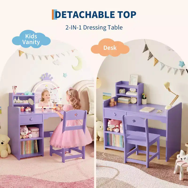 Table et Chaise de Coiffeuse pour Enfants avec Miroir et Lumières, Tiroir et Étagères Ouvertes, Coiffeuse en Bois pour Petites Filles