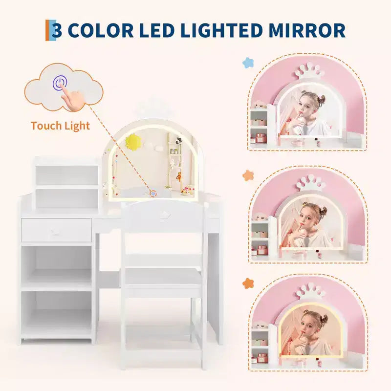 Table et Chaise de Coiffeuse pour Enfants avec Miroir et Lumières, Tiroir et Étagères Ouvertes, Coiffeuse en Bois pour Petites Filles