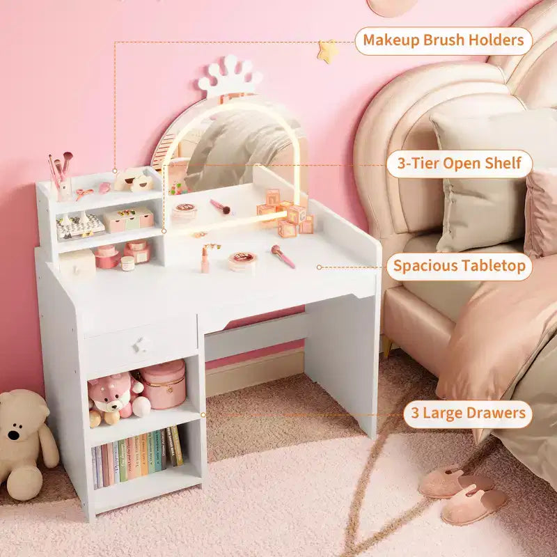 Table et Chaise de Coiffeuse pour Enfants avec Miroir et Lumières, Tiroir et Étagères Ouvertes, Coiffeuse en Bois pour Petites Filles