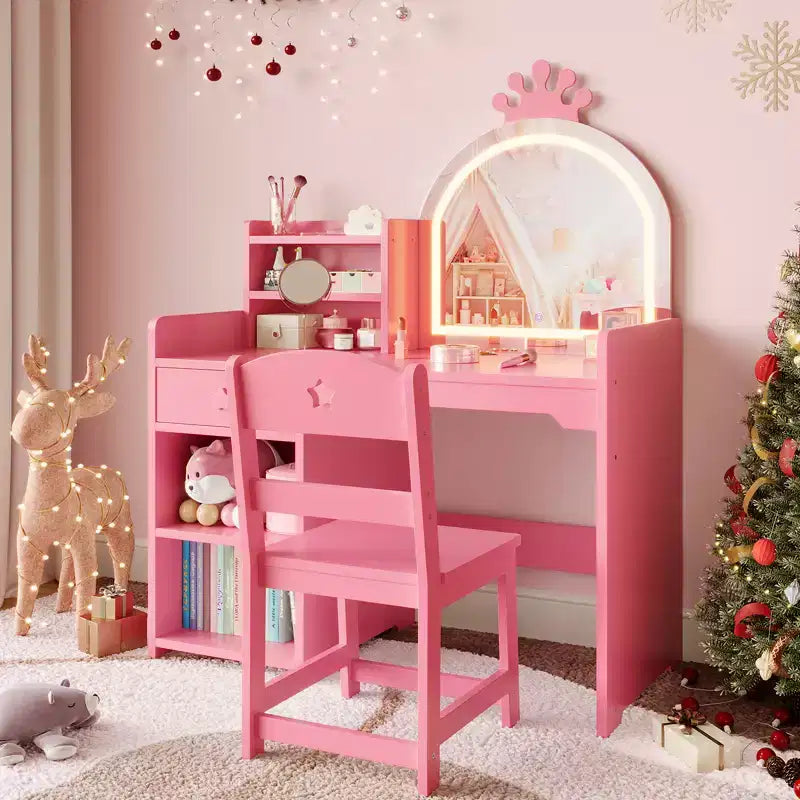 Table et Chaise de Coiffeuse pour Enfants avec Miroir et Lumières, Tiroir et Étagères Ouvertes, Coiffeuse en Bois pour Petites Filles