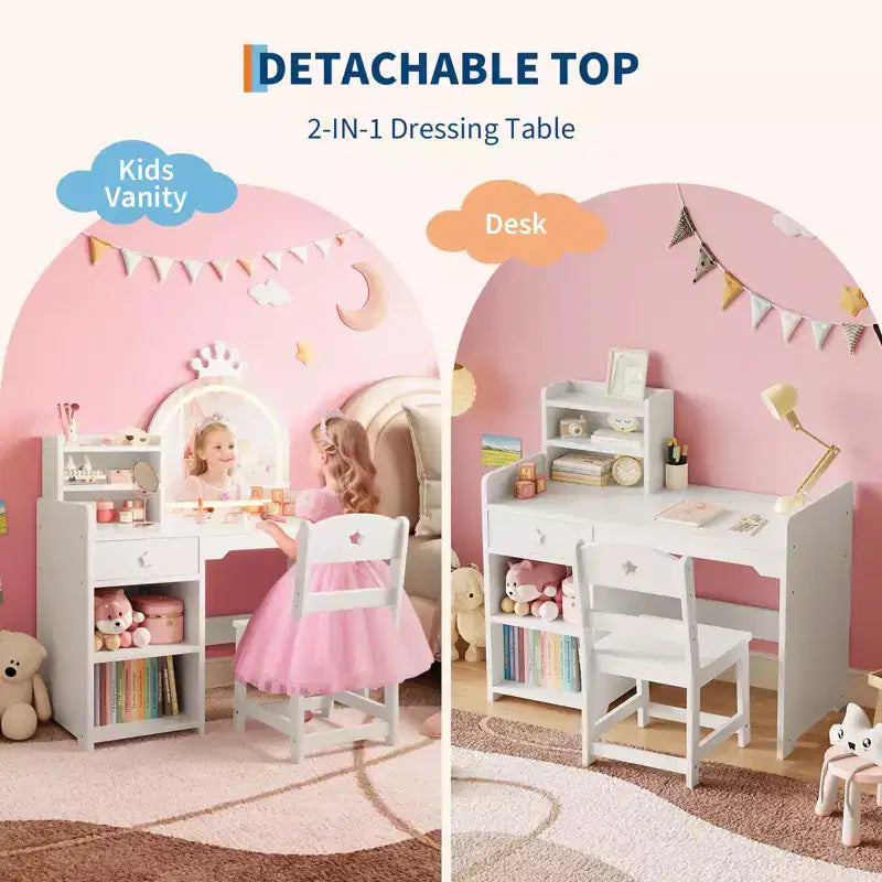 Table et Chaise de Coiffeuse pour Enfants avec Miroir et Lumières, Tiroir et Étagères Ouvertes, Coiffeuse en Bois pour Petites Filles