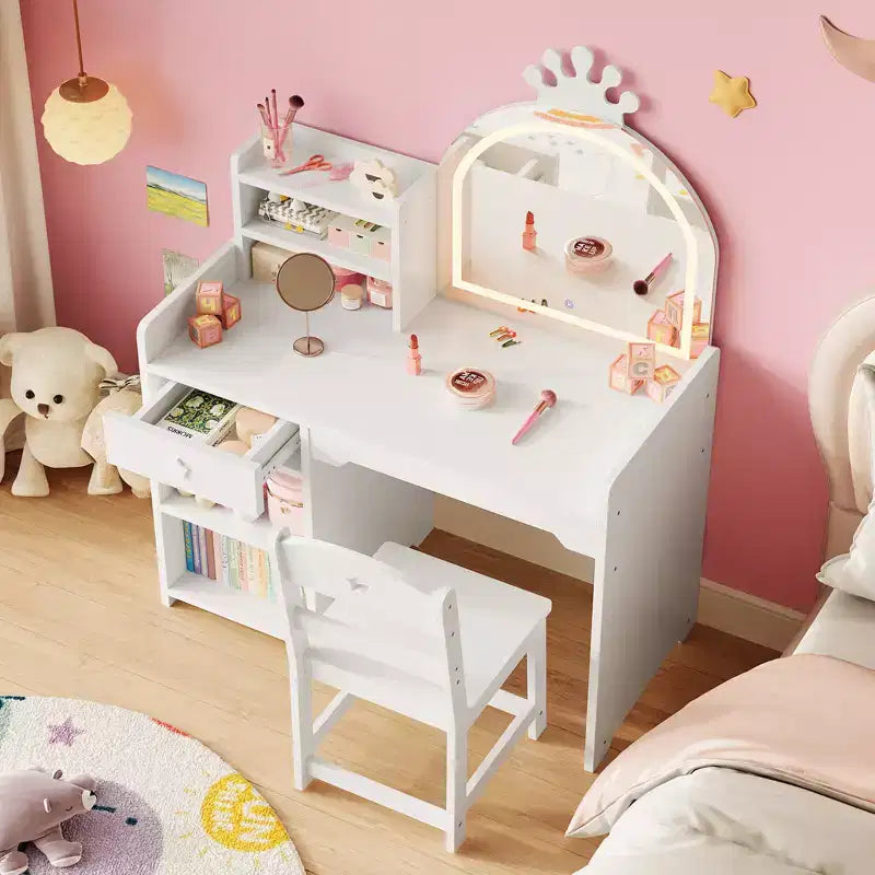 Table et Chaise de Coiffeuse pour Enfants avec Miroir et Lumières, Tiroir et Étagères Ouvertes, Coiffeuse en Bois pour Petites Filles