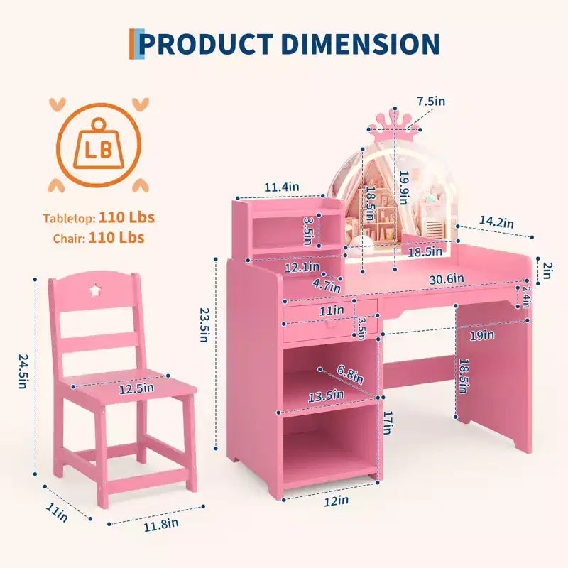 Table et Chaise de Coiffeuse pour Enfants avec Miroir et Lumières, Tiroir et Étagères Ouvertes, Coiffeuse en Bois pour Petites Filles