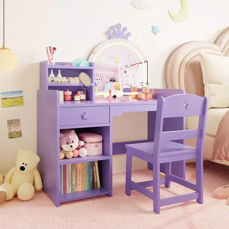 Table et Chaise de Coiffeuse pour Enfants avec Miroir et Lumières, Tiroir et Étagères Ouvertes, Coiffeuse en Bois pour Petites Filles