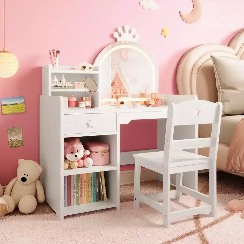 Table et Chaise de Coiffeuse pour Enfants avec Miroir et Lumières, Tiroir et Étagères Ouvertes, Coiffeuse en Bois pour Petites Filles