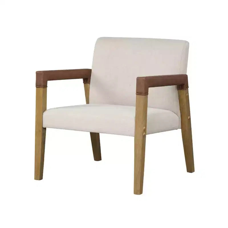 Fauteuil d'appoint 30 po en bois et similicuir rembourré, brun clair brossé/lin/châtaigne -