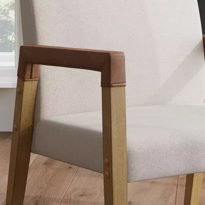 Fauteuil d'appoint 30 po en bois et similicuir rembourré, brun clair brossé/lin/châtaigne -