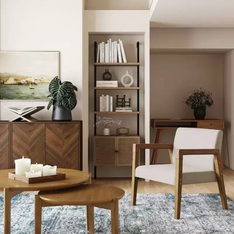 Fauteuil d'appoint 30 po en bois et similicuir rembourré, brun clair brossé/lin/châtaigne -