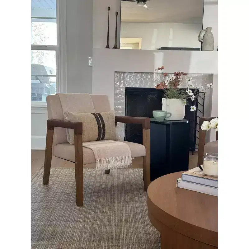 Fauteuil d'appoint 30 po en bois et similicuir rembourré, brun clair brossé/lin/châtaigne -