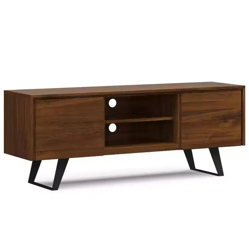 Meuble TV Mitchell : pieds métalliques robustes, rangement multimédia, gestion des câbles -