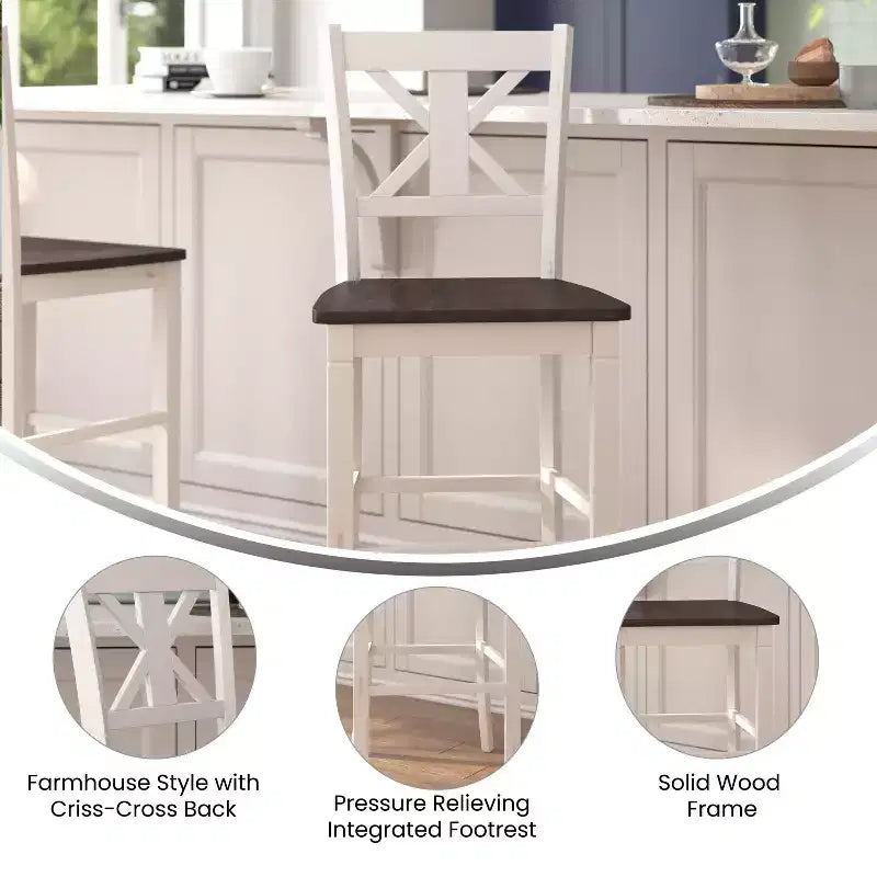 Tabouret de bar Gwendolyn de 2, en bois massif de qualité commerciale, style ferme moderne, hauteur comptoir