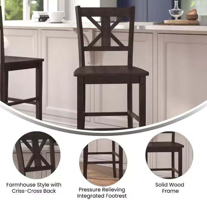 Tabouret de bar Gwendolyn de 2, en bois massif de qualité commerciale, style ferme moderne, hauteur comptoir